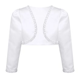 Kids Long Sleeves White Beaded Bolero Jacket Shrug Bridal Wedding Cape Cloaks Shawl Cardigan Outerwear Coats Flower Girl Clothes
