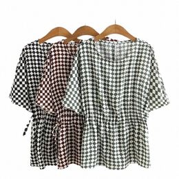 new 2022 Ladies Summer Plus Size Tops For Women Large Size Blouse Short Sleeve Black Green Plaid Chiff Shirt 3XL 4XL 5XL 6XL q01r#