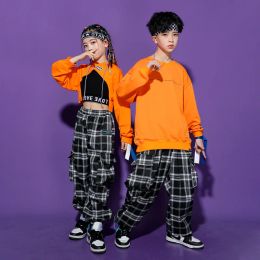Boys Hip Hop Sweatshirt Plaid Joggers Girls Crop Top Hoodies Street Dance Pants Clothes Set Kids Streetwear Outfit Child Costume