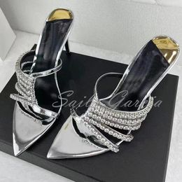 Slippers Pointed Rhinestone Slipper Women Stiletto Slim Heels Black Hollow Summer Sexy High Heel Sandal Ladies Dress Shoes