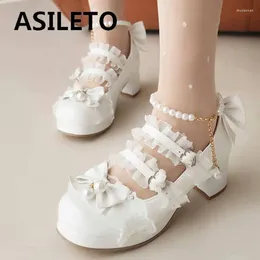 Dress Shoes ASILETO Lolita Style Female Pumps Round Toe Chunky Heels 5cm Platform 1.5cm Bowknot Beads Sweet Girls Small Size 30 31