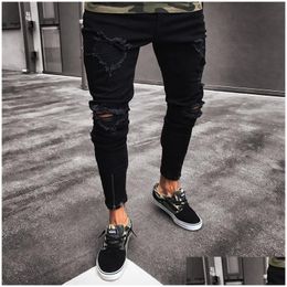 Mens Jeans Men Stretch Destroyed Ripped Design Black Pencil Pants Slim Biker Trousers Hole Streetwear G Drop Delivery Apparel Clothing Dhjur