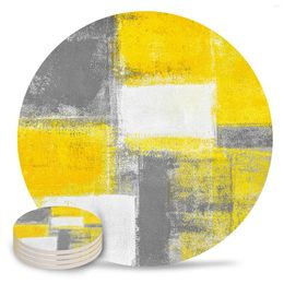 Table Mats Oil Painting Abstract Geometric Yellow Gray Ceramic Set Coffee Tea Cup Coasters Kitchen Accessories Round Placemat