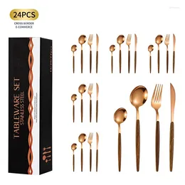 Flatware Sets 24 Pcs Stainless Steel Tableware Set Western Steak Cutlery Imitation Wooden Handle Knife Fork Spoon Home Dinnerware