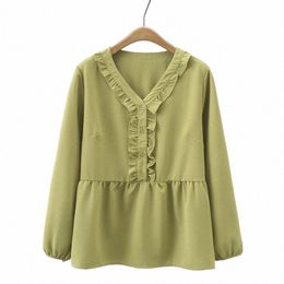 sweet Ruffle V-neck Shirt Women Plus Size Autumn Winter Casual Clothing Lg Sleeve Blouses Green Tops T75 892 t2uk#