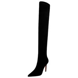 BIGTREE Shoes Suede Sexy Over-the-Knee Boots Black Plush Warm Women Winter Boots Thin High Heel Boots Long Boots Plus Size 42 43