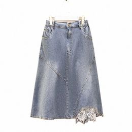 150kg Plus Size Women's Summer High Waist Slim Loose Mid Length Lace A-line Denim Skirt Blue Hip 145cm 6XL 7XL 8XL 9XL s0HD#