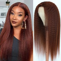 Kinky Straight Yaki Wig Synthetic 13X1 T Part Lace Wigs For Women Reddish Brown Copper Red Wig Lace Closured Wig Perruque Femme