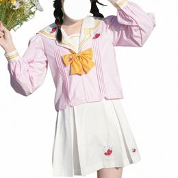 pink White JK Uniform Suit Japanese College Style Sweet Lg Short Sleeved Sailor Suit Pleated Skirt Girl School Uniform Korean o3n6#