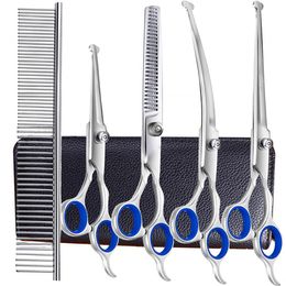 Professional 5 in 1 Dog Grooming Scissors Set with Safety Round Tips, Sharp and Durable Pet Grooming Shears for Cats