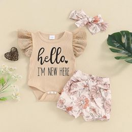 Clothing Sets BeQeuewll Baby Girls Shorts Set Sleeve Letters Print Romper With Waist Tie Flower And Hairband Summer Outfit