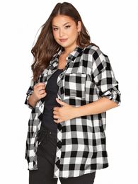 plus Size Elegant Spring Autumn Oversize Boyfriend Shirt Women Lg Sleeve Black And White Check Loose Shirt And Blouse 6XL 7XL m9zw#