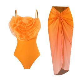 Women's Swimwear Summer One Pieces Solid Swimsuit+Ski Two Piece Bathroom Set Biqunis Set 3D Flower Beach Suit Retro Monokini J240330