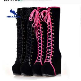 Boots 14cm New Leather Platform Boots Women Knee High Boots Lace Up Sexy High Heels Autumn Woman Shoes Winter Women Boots Size 3443