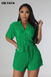 CMYAYA Street Vintage Pleated Womens Set Short Sleeve Shirt Blouse and Shorts Suit 2023 INS Two 2 Piece Outfit Tracksuit 240325