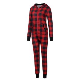 Christmas Jumpsuit Pajamas Women Winter Plaid Print Warm Long Sleeve Sleepwear Onesies Xmas Zipper Up Hooded Nightwear Home Wear