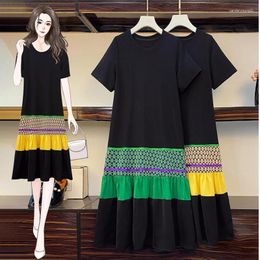 Party Dresses Summer Long For Women O Neck Short Sleeve Casual Female Plus Size 5XL Elegant Cotton Loose Patchwork Black Vestido