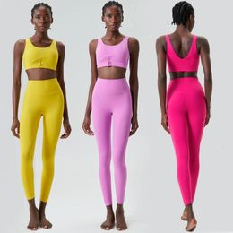 Women Two Pieces Fitness Yoga Set Solid Colour Slim Fit Running Sportswear High Impact Bra And Leggings Gym Suit Workout Clothes 240322