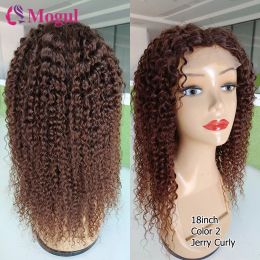 Brown Jerry Curly Lace Closure Wig Free Middle Part Human Hair Wig PrePlucked Indian Remy Hair For Women 12-18 Inch Mogul Hair