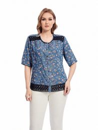 lih HUA Women's Plus Size Denim Shirt Cott Woven Print Shirt Butt Short Sleeve Crew Neck Casual Top e2Fw#