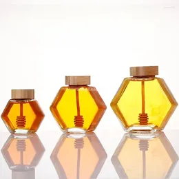 Storage Bottles Hexagonal Glass Honey Bottle Wooden Stirring Rod Packaging 220ML/380ML Small Container Jar Sugar