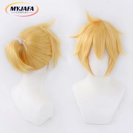 High Quality Anime Len Cosplay Wig Short Golden Blond Pigtail Heat Resistant Synthetic Hair Wigs + Wig Cap