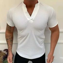 Men's T-Shirts 2024 Summer New V-neck Short sleeved Mens T-shirt Ultra thin Fashion Elastic Ruffled T-shirt Mens Leisure Gym Clothing Fitness T-shirt J240330