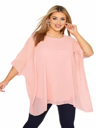 plus Size Elegant Summer Batwing Sleeve Casual Blouse Women Pink Loose Chiff Oversize Tunic Tops Large Size Cape T Shirt 6XL A4ry#