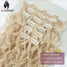 16Clips Synthetic Long Wavy Curly Hair Extensions 6Pcs/Set Piece Heat Resistant Ombre Natural Blonde Dark Brown Thick Hairpiece