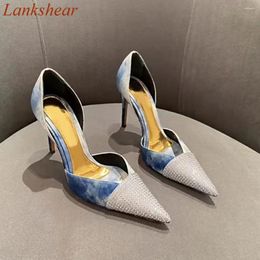 Dress Shoes Pointed Toe Rhinestone Women Pumps Shallow Fashion Sexy Mixed Color Summer Slip On Cover Heel 2024 Arrivals