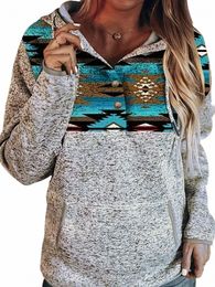 plus Size Boho Sweatshirt, Women's Plus Colorblock Southwestern Print Lg Sleeve Drawstring Henley Hooded Sweatshirt O1sL#