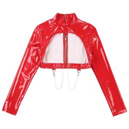 Womens Glossy Tanks Patent Leather Hollow Out Crop Top Metal Chains Stand Collar Long Sleeve Exposed Bra T-shirt Tops Clubwear