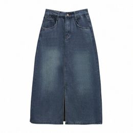 plus Size Women Denim Deep Blue Skirt Large A-line Split Midi Lg Skirts Female High Waist Big Clothing Y2K Fi X4B6#