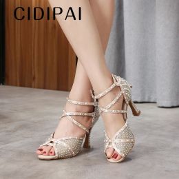 CIDIPAI Women Party Dance Shoes Satin Rhinestones Soft Bottom Latin Dance Shoes Woman Salsa Dancing Shoes Ladies Wedding Shoes