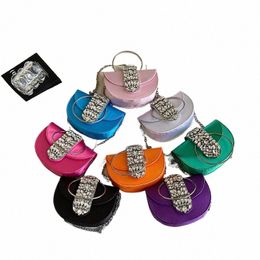 female Luxury Designer Shoulder Bag Chain Round Metal Handle Handbag PU Leather Rhinestes Saddle Bag Fi Crossbody Bag c1RL#