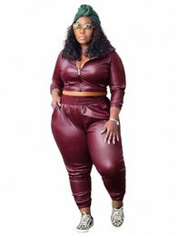 somo Plus Size Winter Overalls PU Leather Shirt+Pencil Pant Tracksuit Women Two Pieces Set Casual Outfits Wholesale Dropship E6HT#