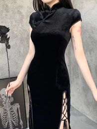 Party Dresses Romantic Gothic Velvet Aesthetic Vintage Women Black Bandage SlitHem Bodycon Dress Sexy Evening Wear Cheongsam