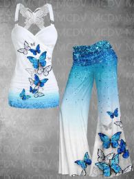 Women's Butterfly Floral Art Casual Tank Top 3D All Over Printed Women Sexy Tank Top+Flare Wide Leg Pants