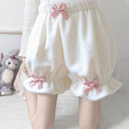 Winter Kawaii Plush Velvet Lolita Bloomers Ruffled Lace Trim Bow Loose Pumpkin Pants Solid Color Thermal Pajama Safety Shorts