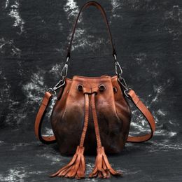 Evening Bags Fashion Cowhide Genuine Leather Bucket Bag For Women Large Capacity Tassel Handbag Lady Casual One Shoulder Messenger M936