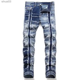 Men's Jeans Mens edge elastic denim jeans street clothing patchwork torn blue pants ultra-thin tapered TrousersL2403
