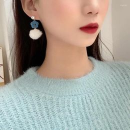 Dangle Earrings Pom Ball Drop For Women 2024 Sweet Winter Blue White Fashion Jewellery Flower