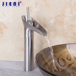 Bathroom Sink Faucets JIENI Brushed Nickel Waterfall Basin Single Handle Mixer Tap Faucet Water Tall Counter Top