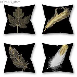 Pillow Noble Gold Feather Black Box Leaf Plant Cushion Cover Sofa Living Room Home Gorgeous and Elegant Decoration Y240401