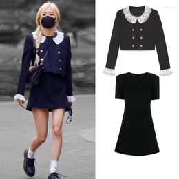 Work Dresses Kpop Korea Celebrity ROSE Black Doll Collar Lace Double Breasted Jackets Sexy Slim High Waist Mini Women Two-Piece Sets