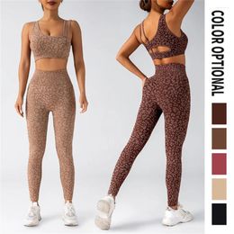 Active Sets Leopard Yoga Set For Women Seamless Peach Hip High Waisted Leggings With Stretchy Backless Sports Tank Top