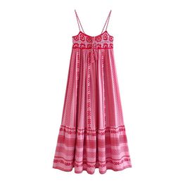 Wholesale Summer Womens Colour Matching Crochet Stitching U Neck Lace Up Strap Knitted Long Dress