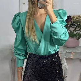 Women's Blouses Sexy V-neck Wrap Puff Long Sleeves 2024 Spring Autumn Casual Loose Solid Shirts Women Elegant Satin Pullover Tops