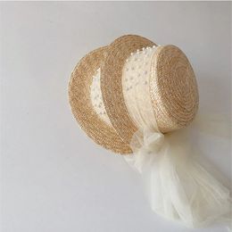 Cute Childrens Cap Straw Hat Pearl Decoration Lace Bandage Flat Top Sun Protection Caps Girl Wide Brim Beach Hats 240320