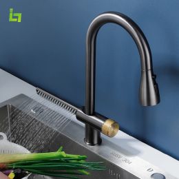 New Grey Waterfall Kitchen Faucet Can Pull 4 Ways Water Outlet Methods Cold and Hot Brass Single Hole Sink Tap